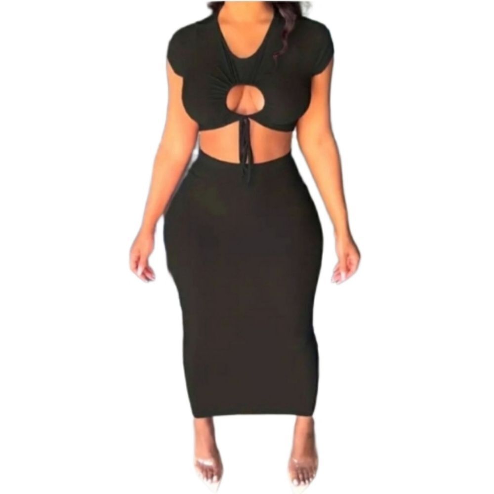 Ladies Black cut-out 2pc bodycon skirt set sz Large